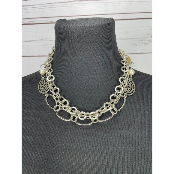 Beautiful Multi Layered Silver Metal Chain Round Pearl Button Necklace - Picture 8 of 8